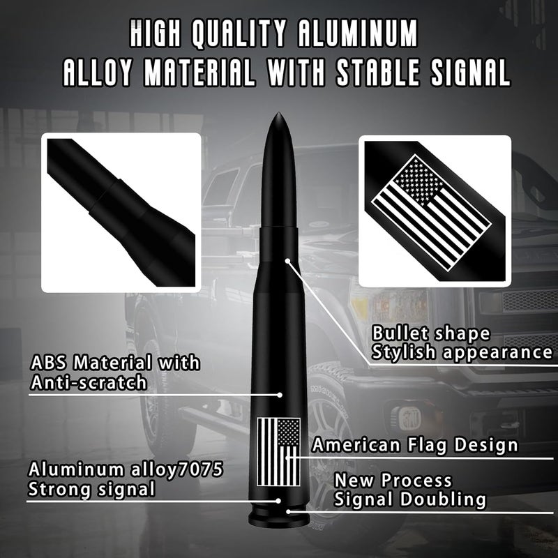 HVSTTPK هوائي شاحنة على شكل رصاصة مع أغطية صمامات، تصميم علم أمريكا، عمود لشاحنات GM شيفروليه سيلفرادو 1500 2500 3500 فورد F150 F250 F350 دينالي ملحقات شاحنة (أسود) - آمن لغسل السيارات - Image 2